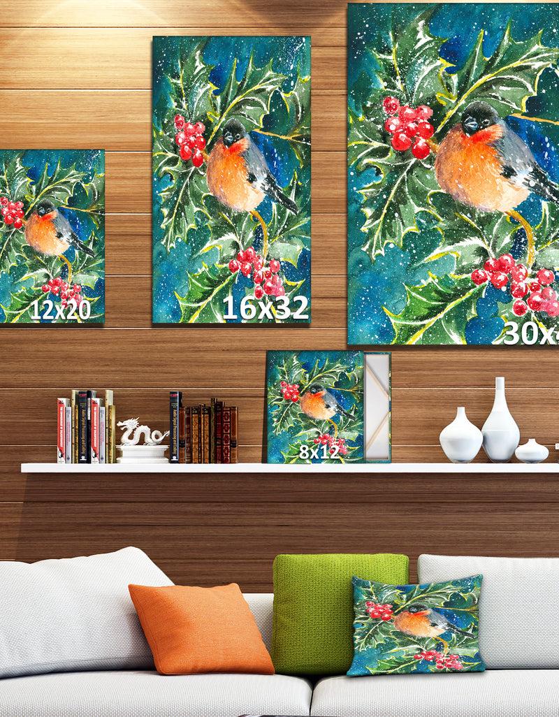 Designq Bullfinch And Holly - Animals Painting Print On Wrapped Canvas