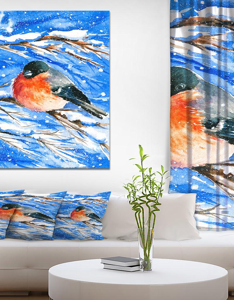 designq Bullfinch in Snow Storm - Animals Painting Print on Wrapped Canvas