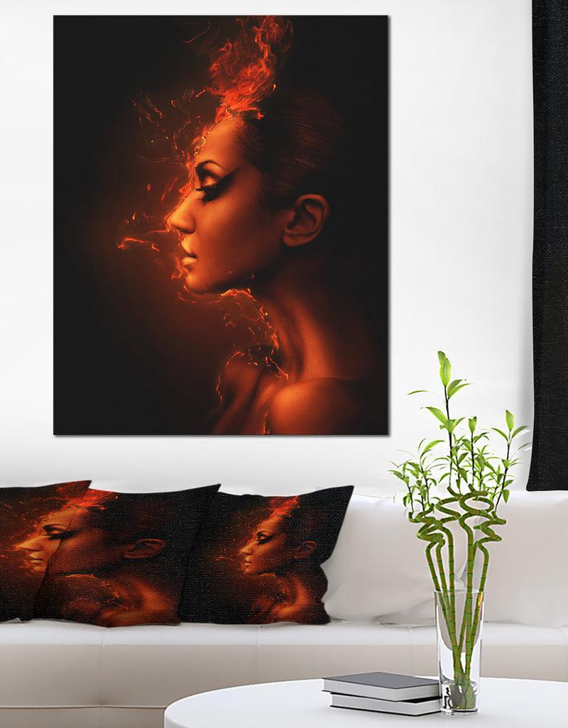 designq Burning Woman Head - Portrait Contemporary Canvas Art Print