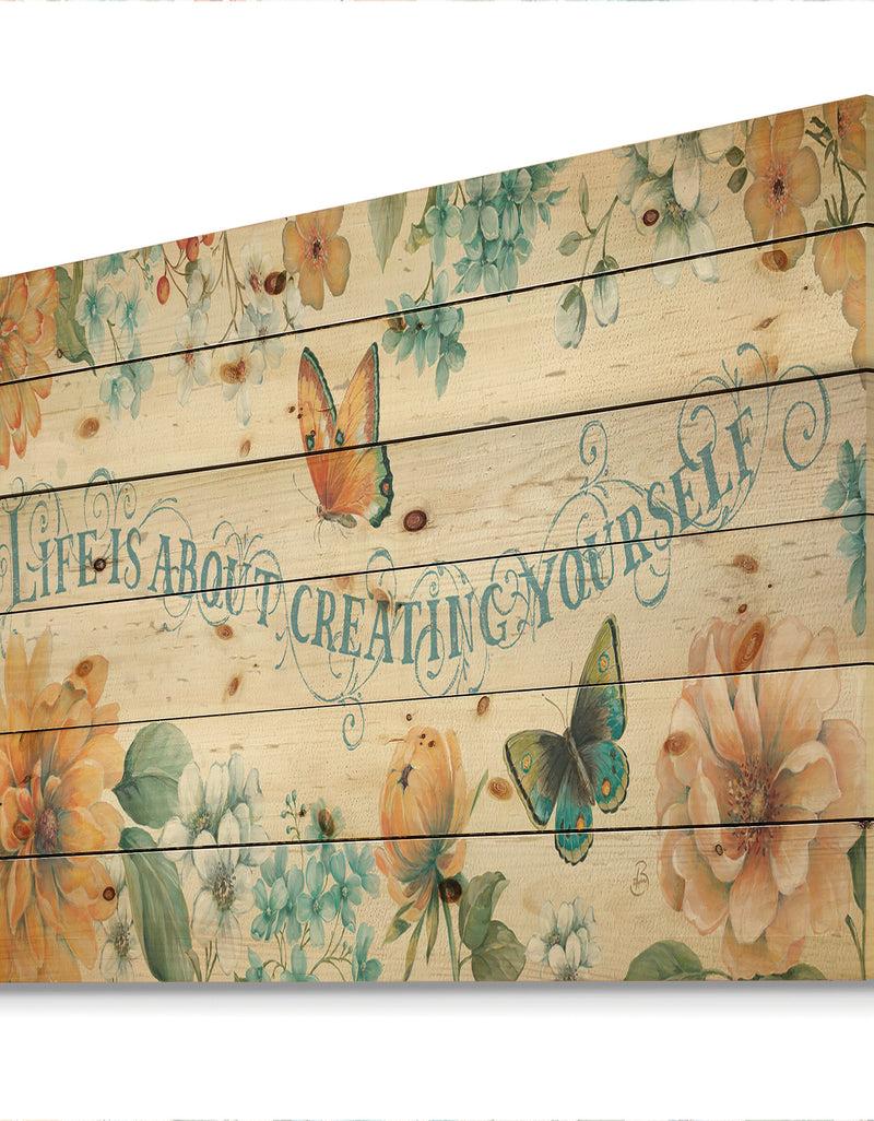Designq Butterfly Bloom Lovely Quote - Farmhouse Print On Natural Pine Wood