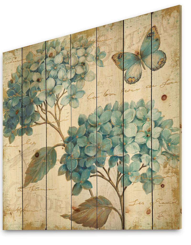Designq Butterfly Blue Garden I - Farmhouse Print On Natural Pine Wood
