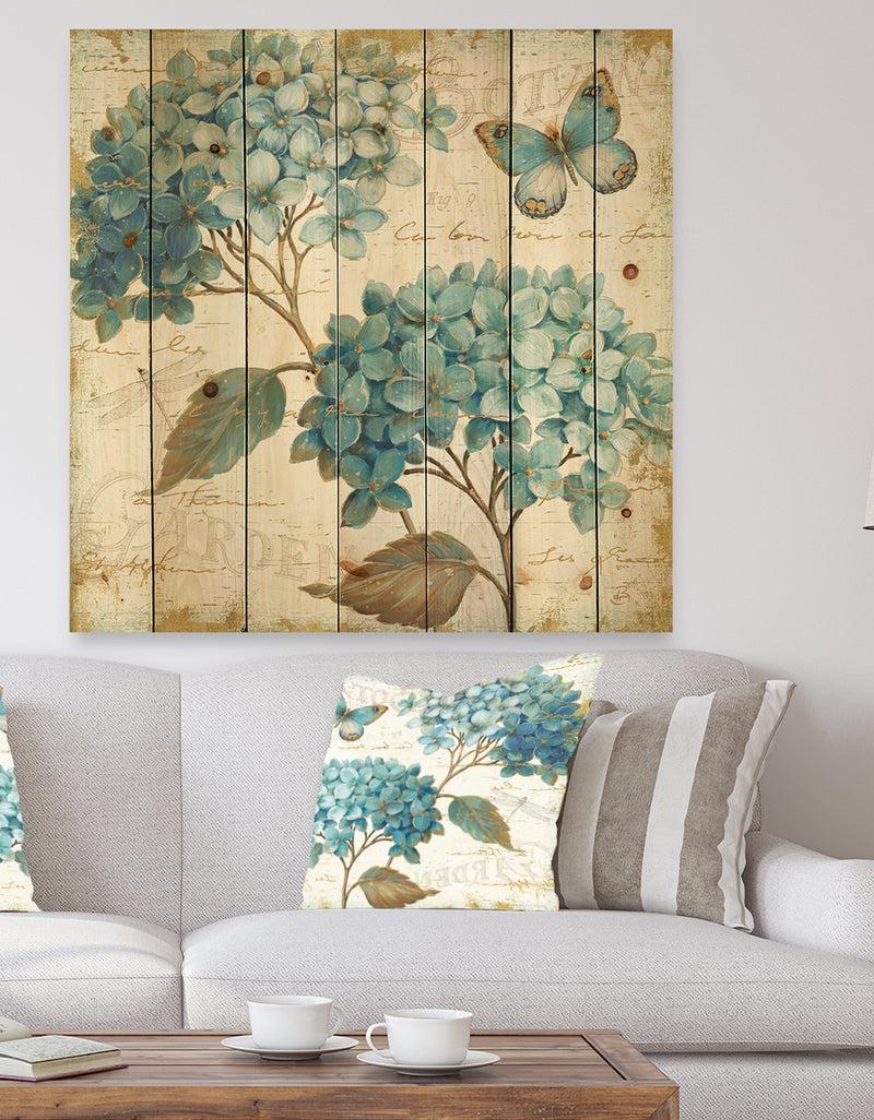 designq butterfly Blue Garden I - Farmhouse Print on Natural Pine Wood