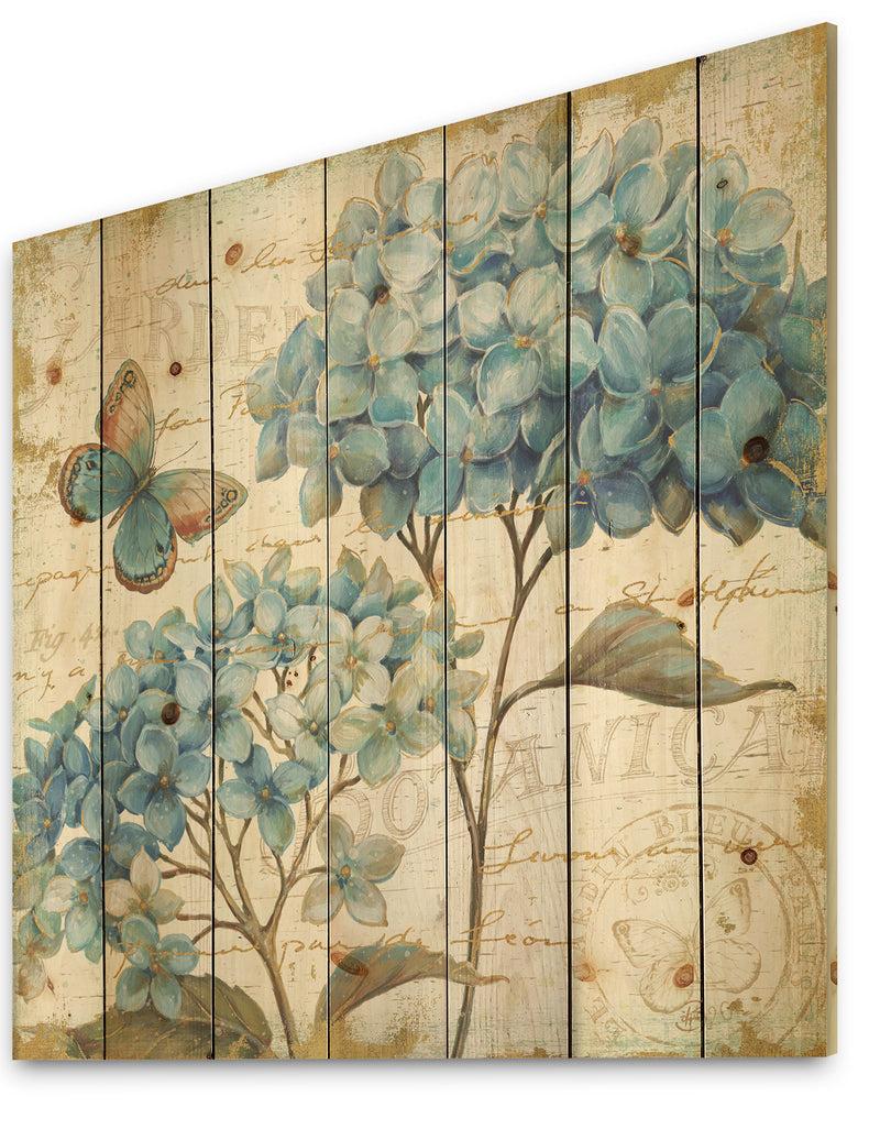 Designq Butterfly Blue Garden II - Farmhouse Print On Natural Pine Wood