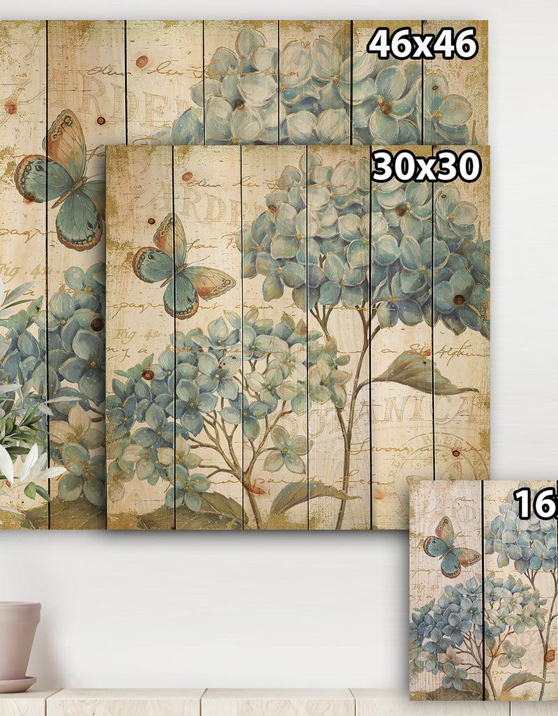 Designq Butterfly Blue Garden II - Farmhouse Print On Natural Pine Wood