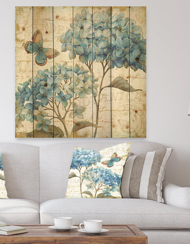 designq butterfly Blue Garden II - Farmhouse Print on Natural Pine Wood