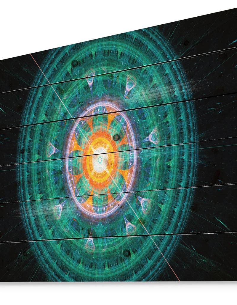 Designq Cabalistic Turquoise Fractal Sphere - Abstract Print On Natural Pine Wood
