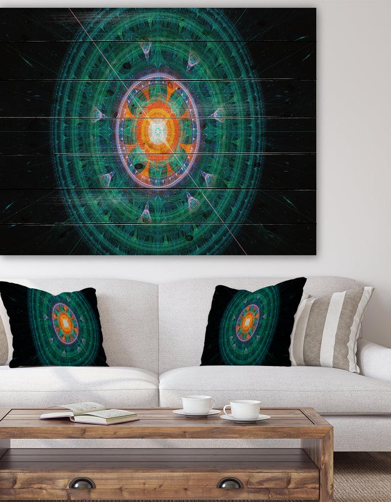 designq Cabalistic Turquoise Fractal Sphere - Abstract Print on Natural Pine Wood