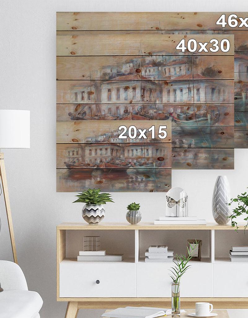 Designq Calm Sea With Boats In Harbor - Sea & Shore Painting Print On Natural Pine Wood