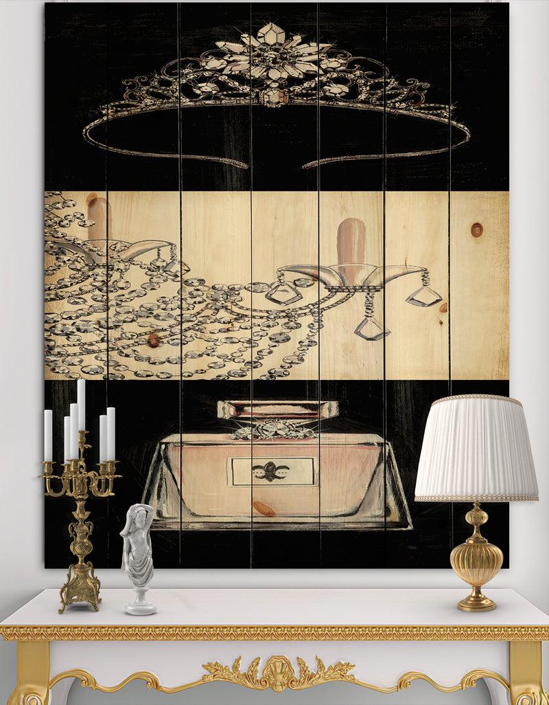 designq Chandelier Parfum and Glamorous Tiara - Fashion Print on Natural Pine Wood