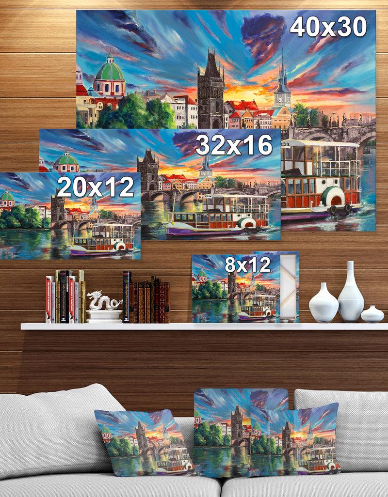 Designq Charles Bridge Prague In Colorful Sky - Cityscapes Painting Print On Wrapped Canvas