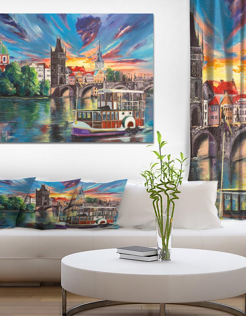 designq Charles Bridge Prague in Colorful Sky - Cityscapes Painting Print on Wrapped Canvas