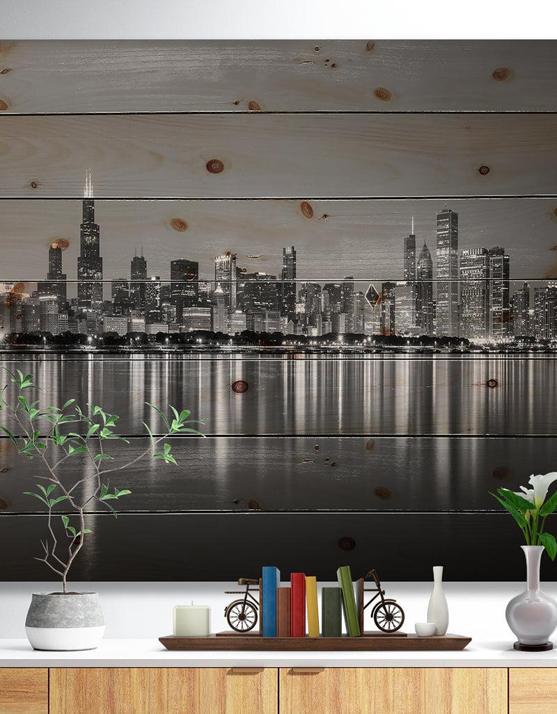 designq Chicago Skyline at Night Black and White - Cityscape Print on Natural Pine Wood