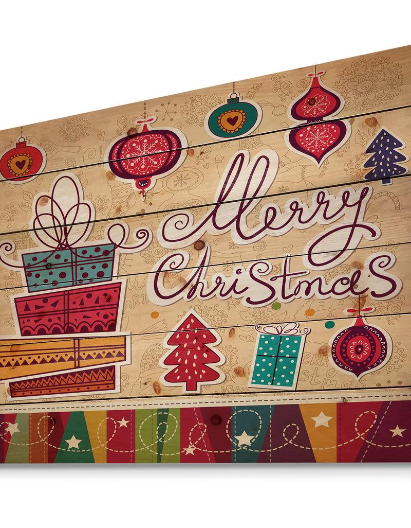 Designq Chrismas Presents With Christmas Tree Balls - Print On Natural Pine Wood