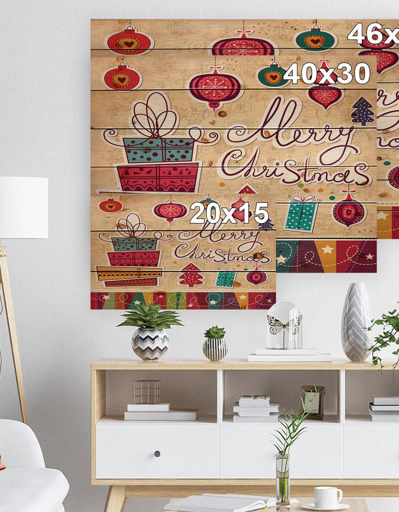 Designq Chrismas Presents With Christmas Tree Balls - Print On Natural Pine Wood