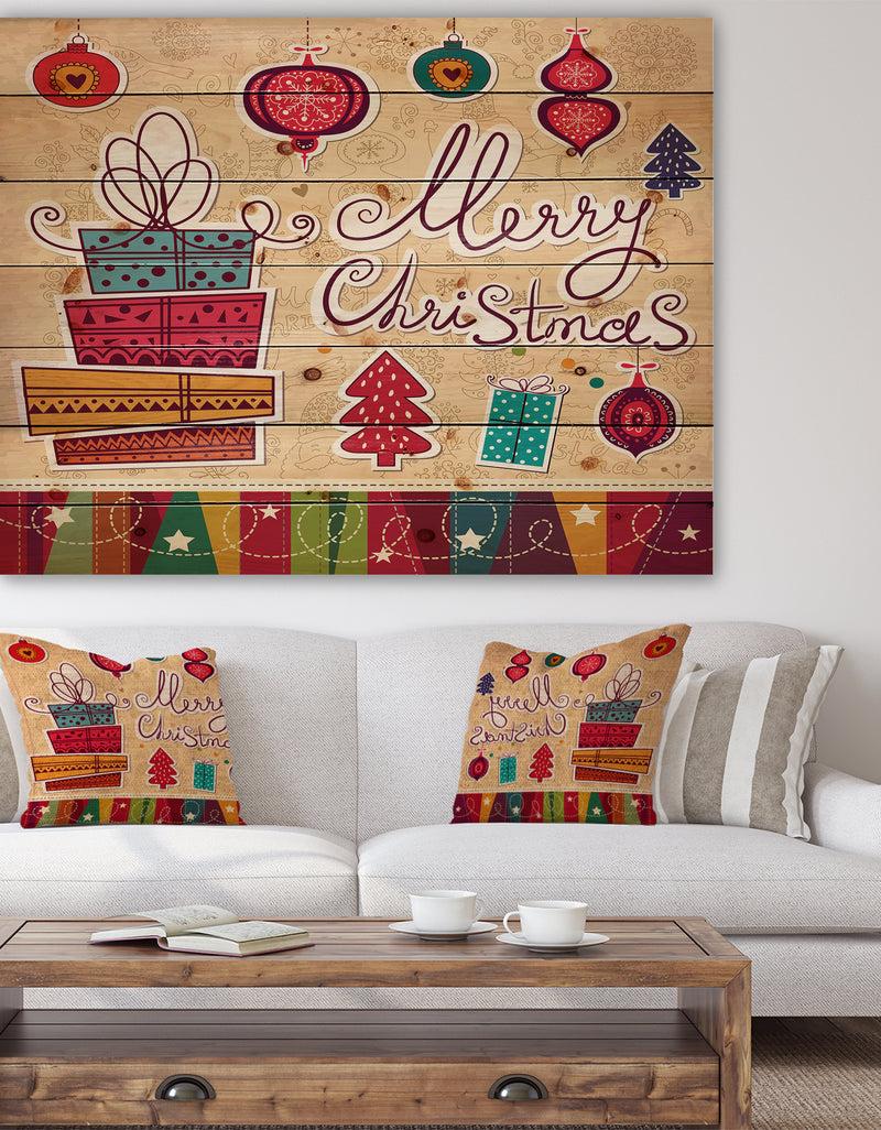 designq Chrismas presents with christmas tree balls - Print on Natural Pine Wood