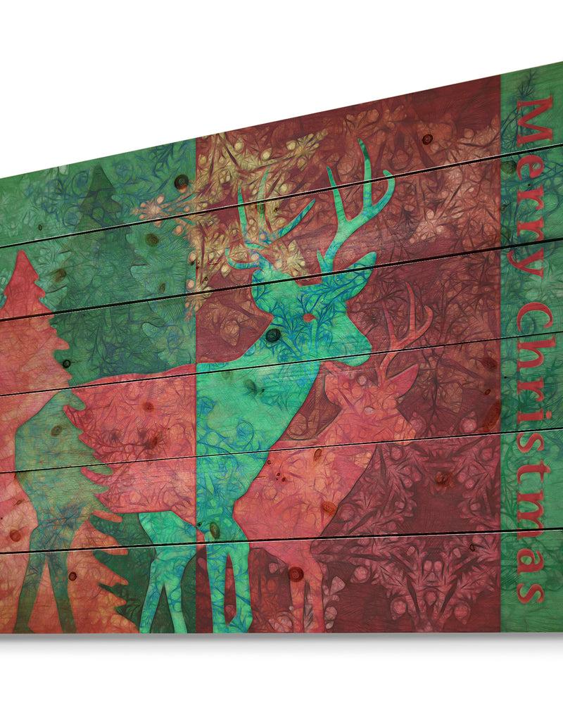 Designq Christmas Deers Mixed Media - Print On Natural Pine Wood