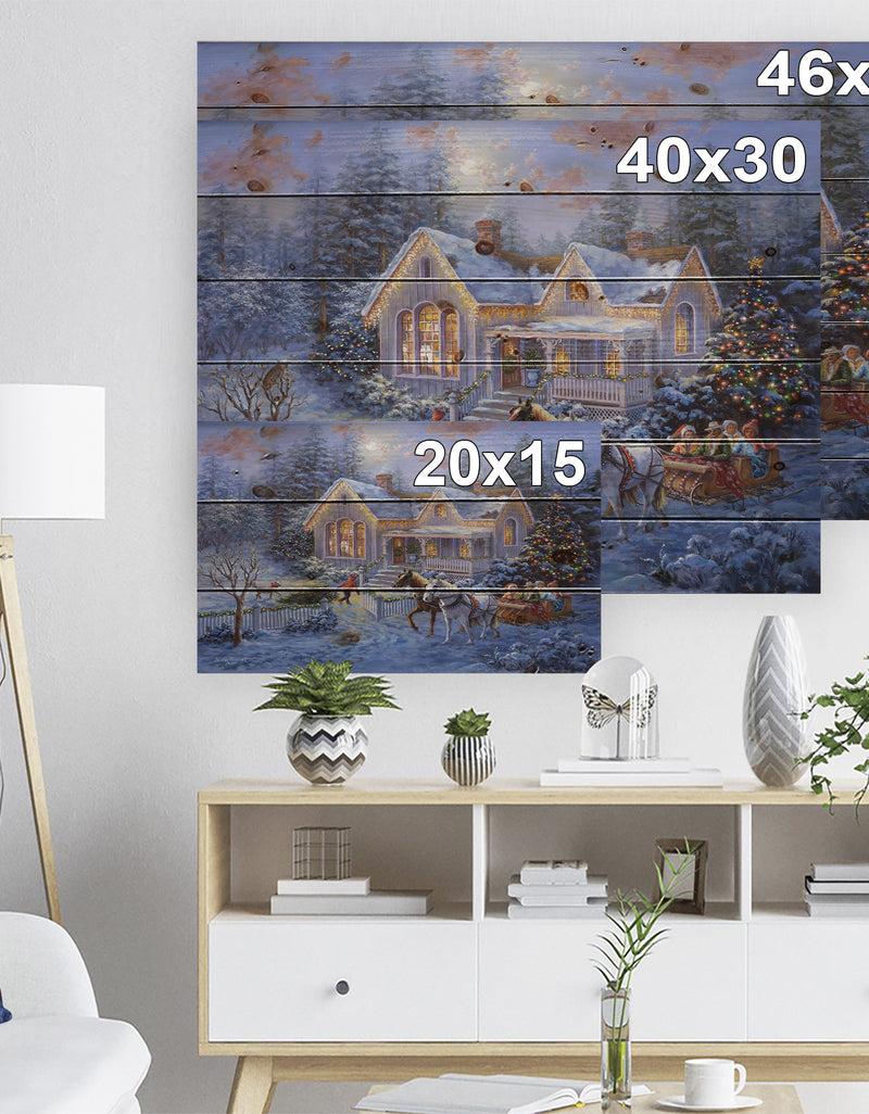 Designq Christmas Eve Family Coming Home In Sleigh - Print On Natural Pine Wood
