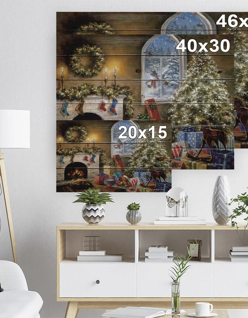 Designq Christmas Eve With Presents By Fire Place - Print On Natural Pine Wood