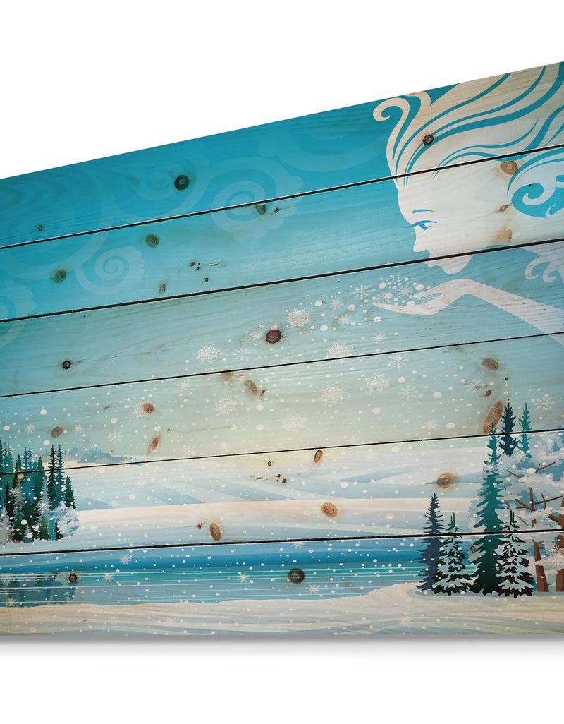 Designq Christmas Fairy Blowing Snow Flakes On Winter Scene - Print On Natural Pine Wood