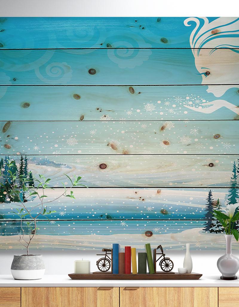 designq Christmas Fairy Blowing Snow Flakes on Winter Scene - Print on Natural Pine Wood
