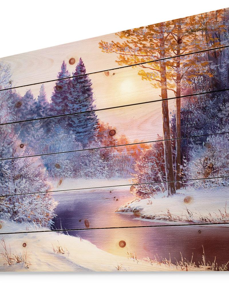 Designq Christmas Forest With River - Landscapes Painting Print On Natural Pine Wood