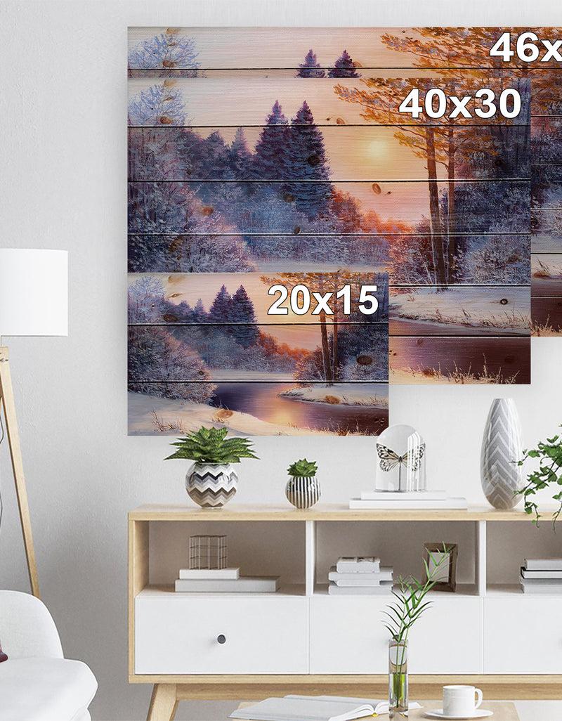 Designq Christmas Forest With River - Landscapes Painting Print On Natural Pine Wood