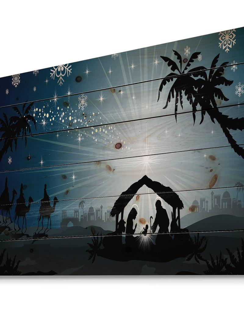 Designq Christmas Nativity Scene With Three Wise Men - Print On Natural Pine Wood