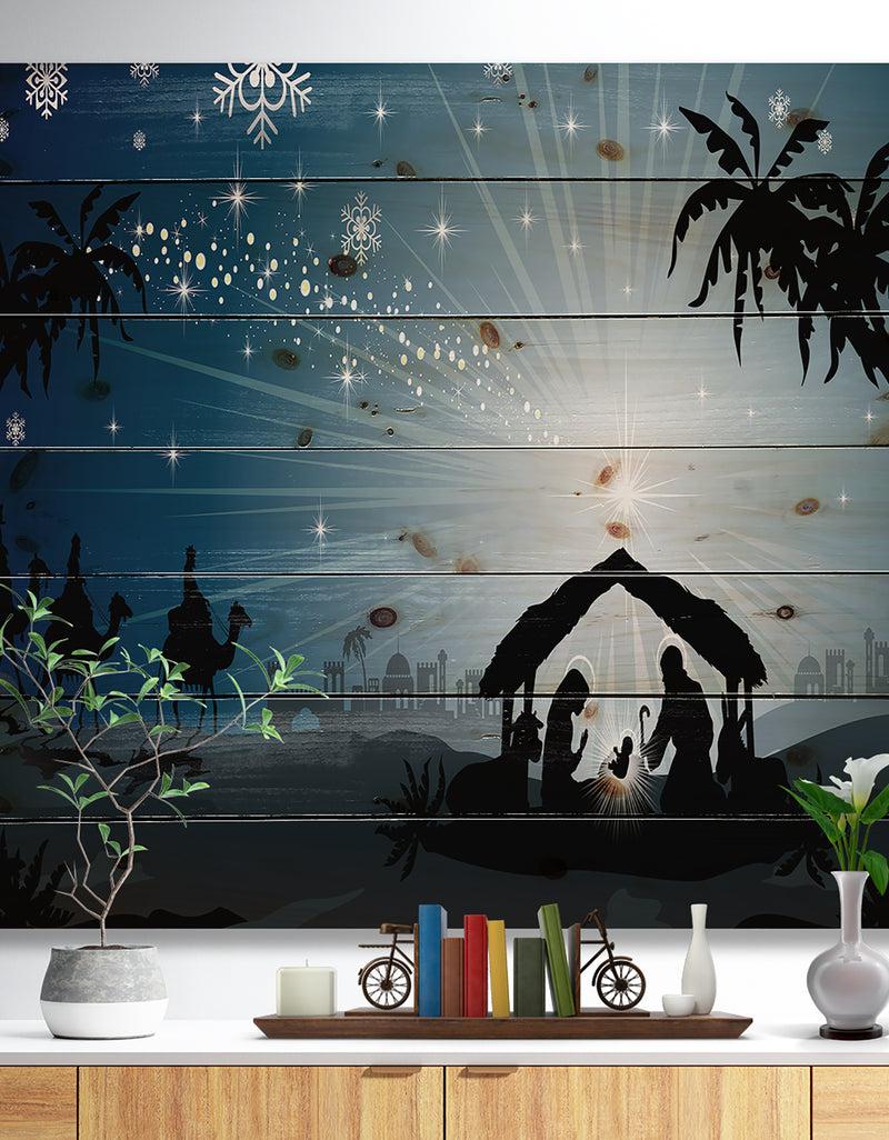 designq Christmas Nativity Scene with Three Wise Men - Print on Natural Pine Wood