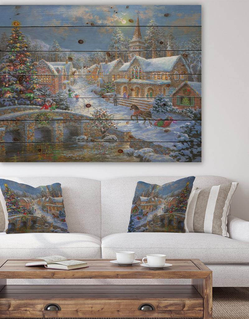 designq Christmas Paradise with church snow and open sleigh - Print on Natural Pine Wood