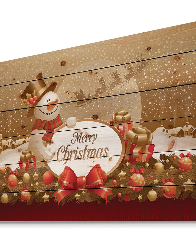 Designq Christmas Sowman On Gold With Flying Reindeer - Print On Natural Pine Wood