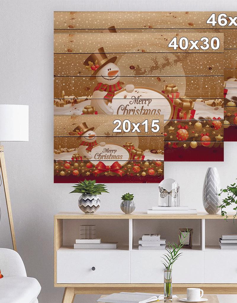 Designq Christmas Sowman On Gold With Flying Reindeer - Print On Natural Pine Wood