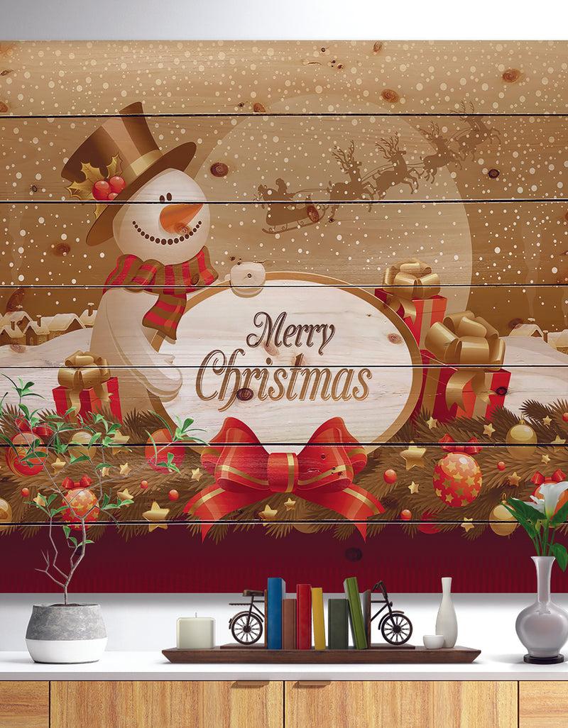 designq Christmas Sowman on Gold with Flying Reindeer - Print on Natural Pine Wood
