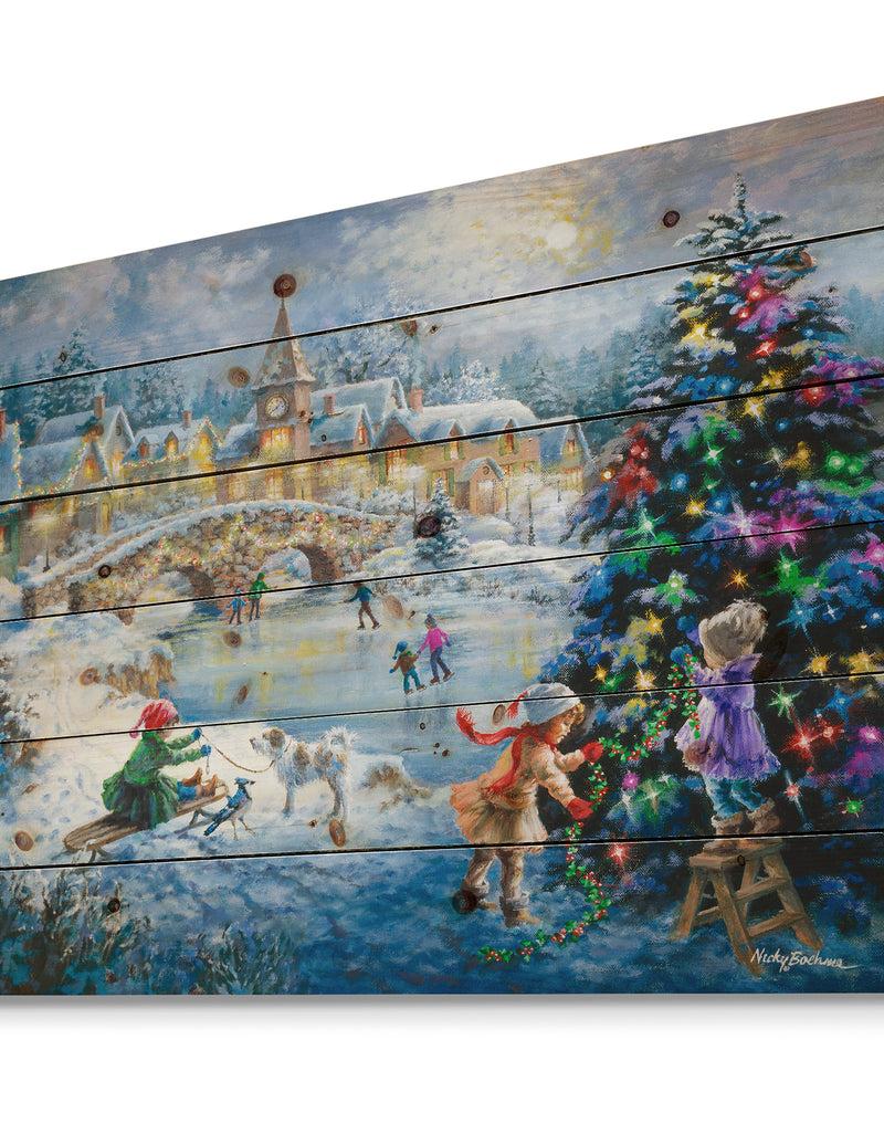 Designq Christmas Tree Decorating Sledding Children - Print On Natural Pine Wood