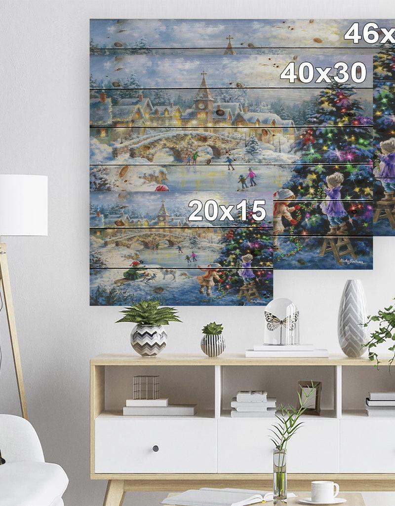 Designq Christmas Tree Decorating Sledding Children - Print On Natural Pine Wood