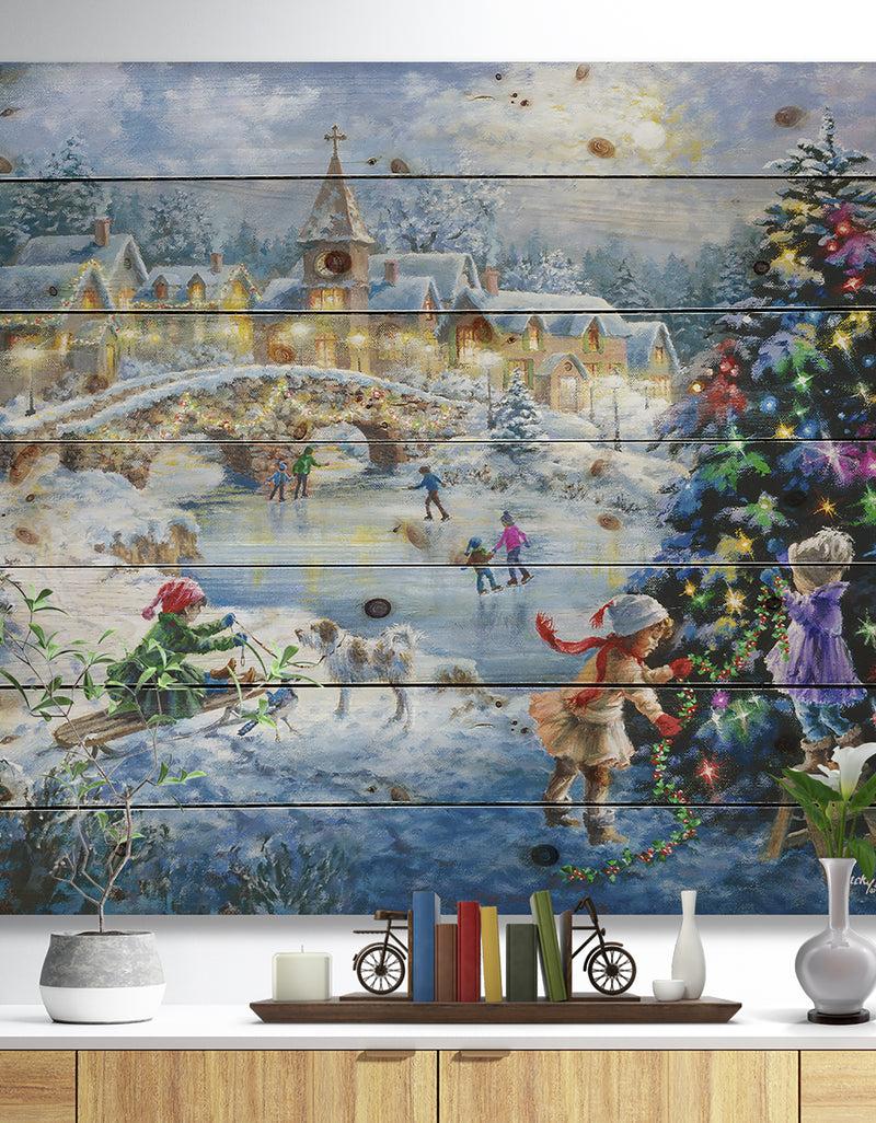 designq Christmas tree decorating sledding children - Print on Natural Pine Wood
