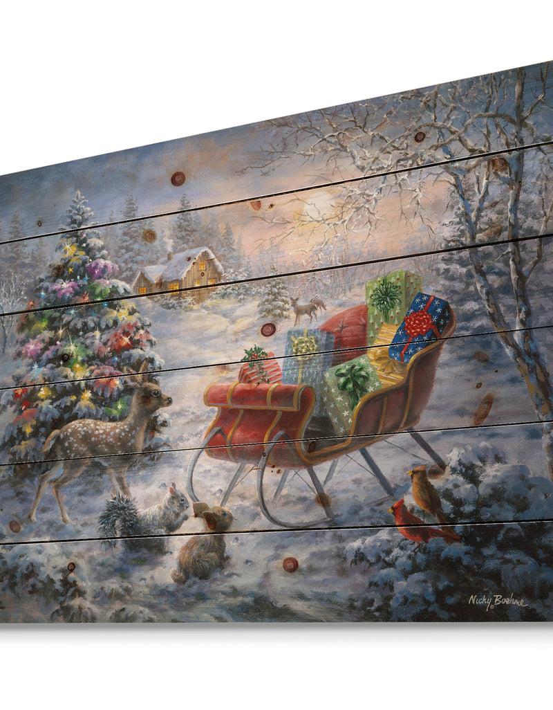 Designq Christmas Tree Magic Winter Scene With Presents In Sleigh - Print On Natural Pine Wood