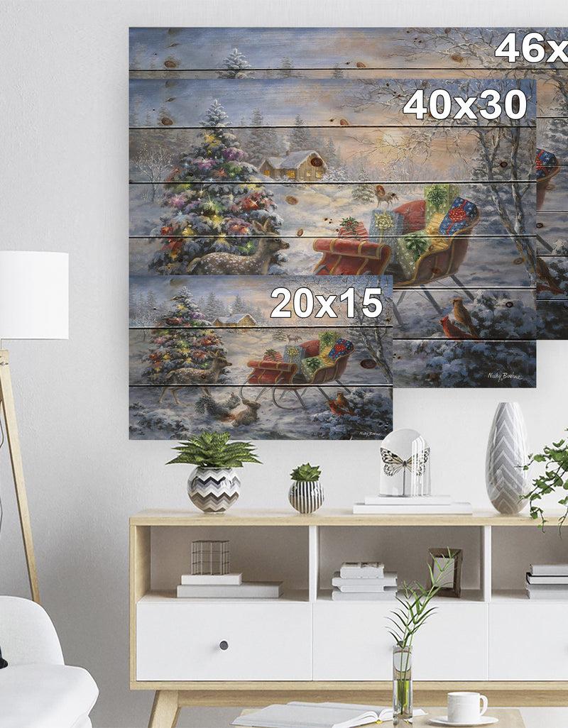 Designq Christmas Tree Magic Winter Scene With Presents In Sleigh - Print On Natural Pine Wood