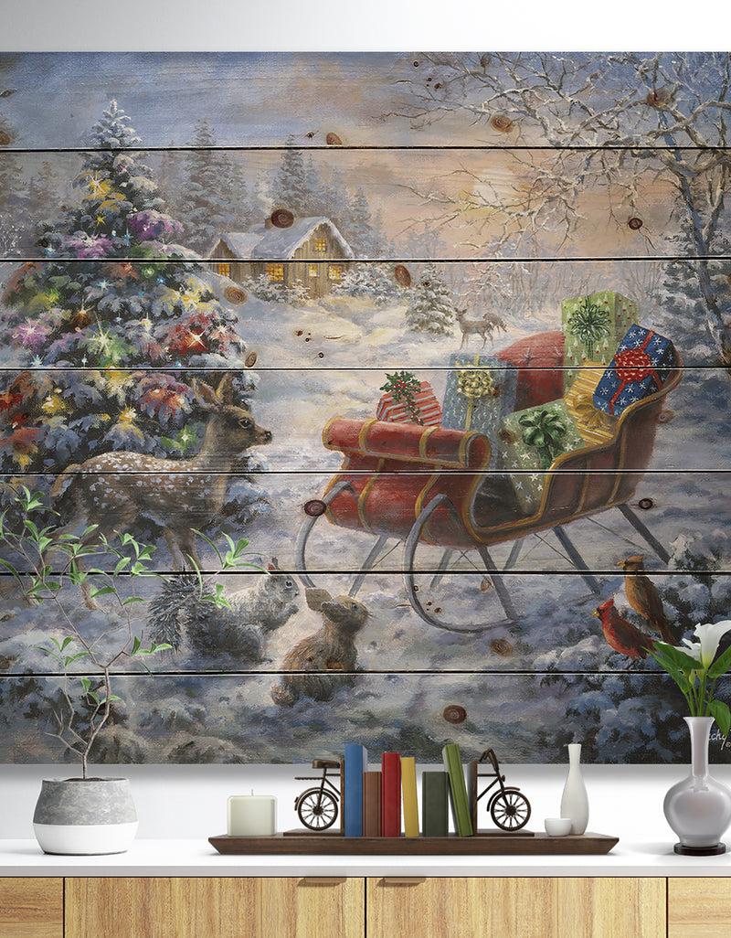 designq Christmas Tree Magic Winter scene with Presents in Sleigh - Print on Natural Pine Wood