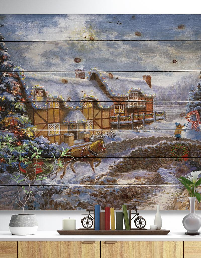 designq Christmas Tree with horse and open sleigh in winter landscape - Print on Natural Pine Wood