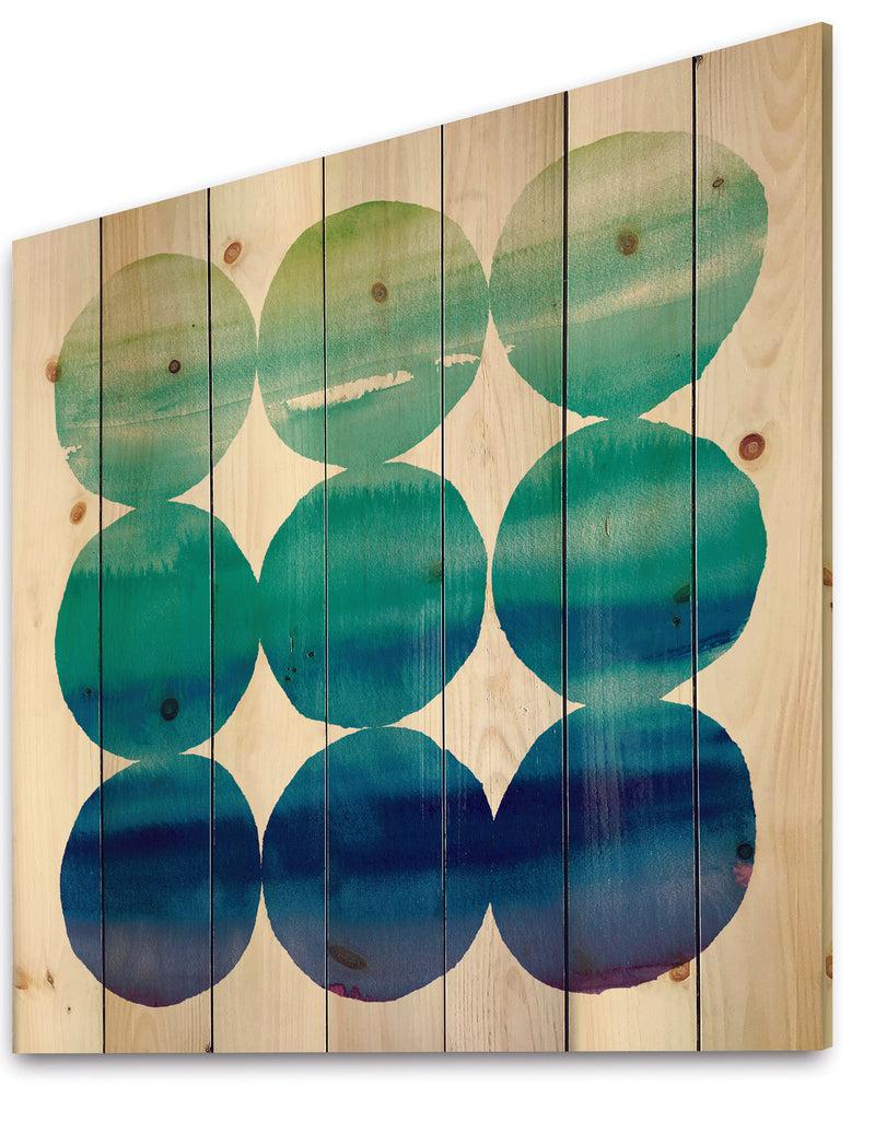 Designq Circle Abstract Blue Colorfields II - Mid-Century Modern Transitional Print On Natural Pine Wood