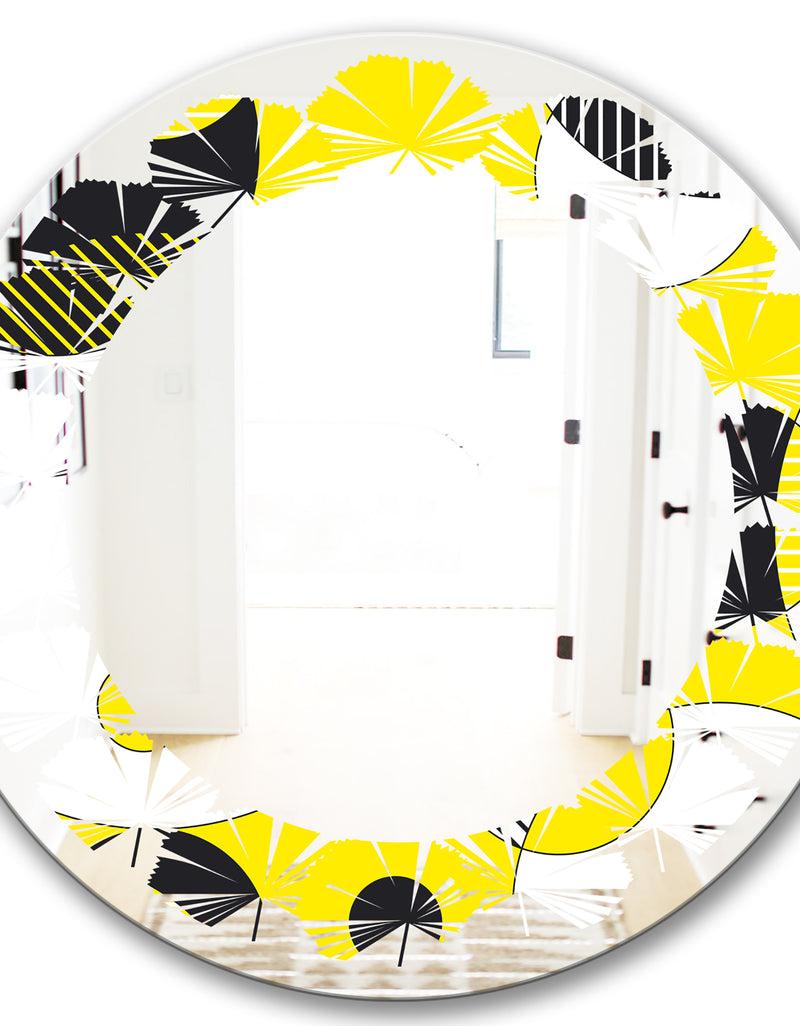 Designq Circular Abstract Retro Geometric I - Modern Round Or Oval Wall Mirror - Leaves