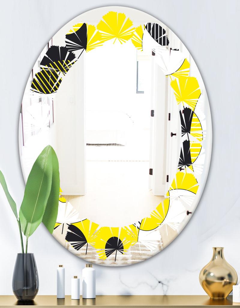 Designq Circular Abstract Retro Geometric I - Modern Round Or Oval Wall Mirror - Leaves