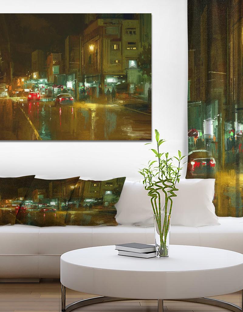 designq City street at night in Colorful Light - Cityscapes Contemporary on Wrapped Canvas