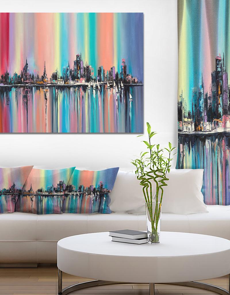 designq CityUnder Rainbow Sky - Cityscapes Painting Print on Wrapped Canvas