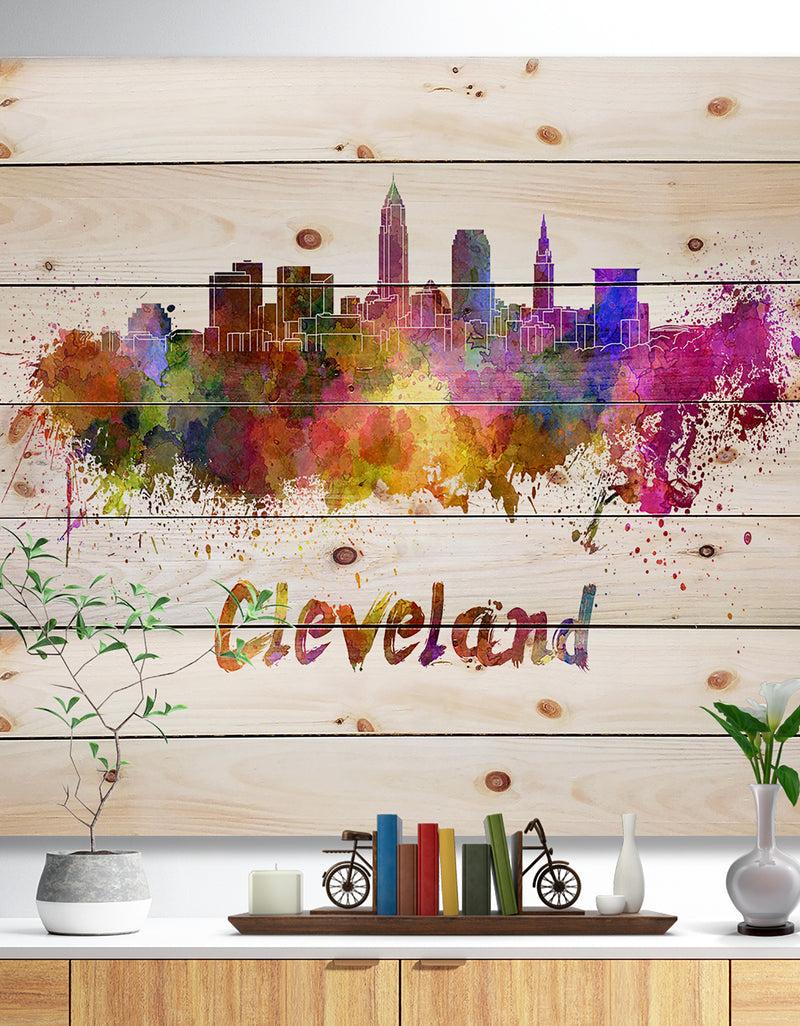 designq Cleveland Skyline - Cityscape Print on Natural Pine Wood