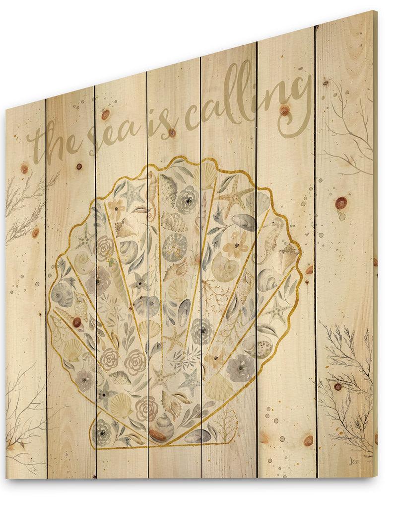 Designq Coastal Floral Blossoms I Neutral - Nautical & Coastal Print On Natural Pine Wood