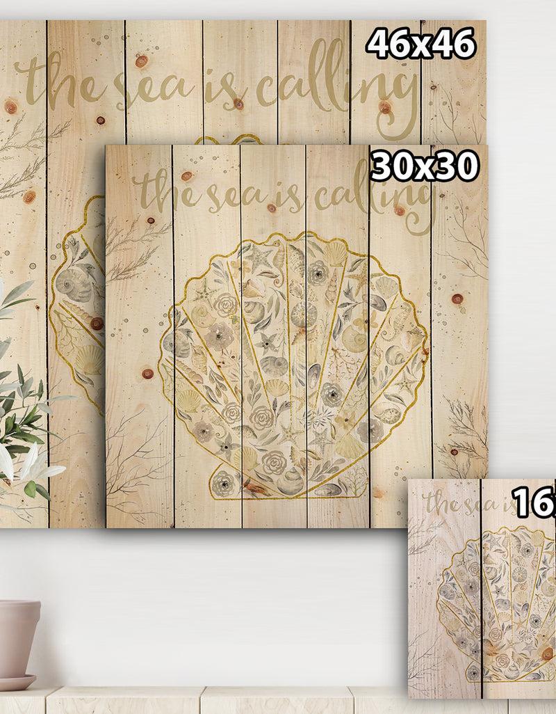 Designq Coastal Floral Blossoms I Neutral - Nautical & Coastal Print On Natural Pine Wood