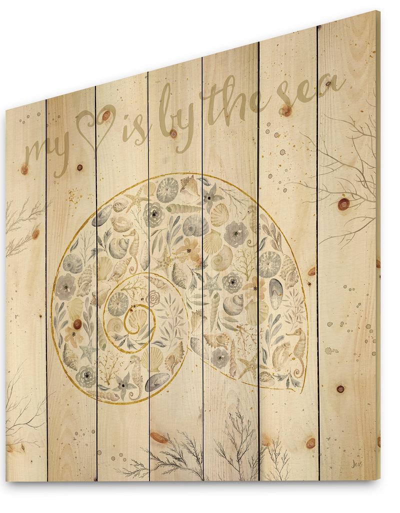 Designq Coastal Floral Blossoms III Neutral - Nautical & Coastal Print On Natural Pine Wood