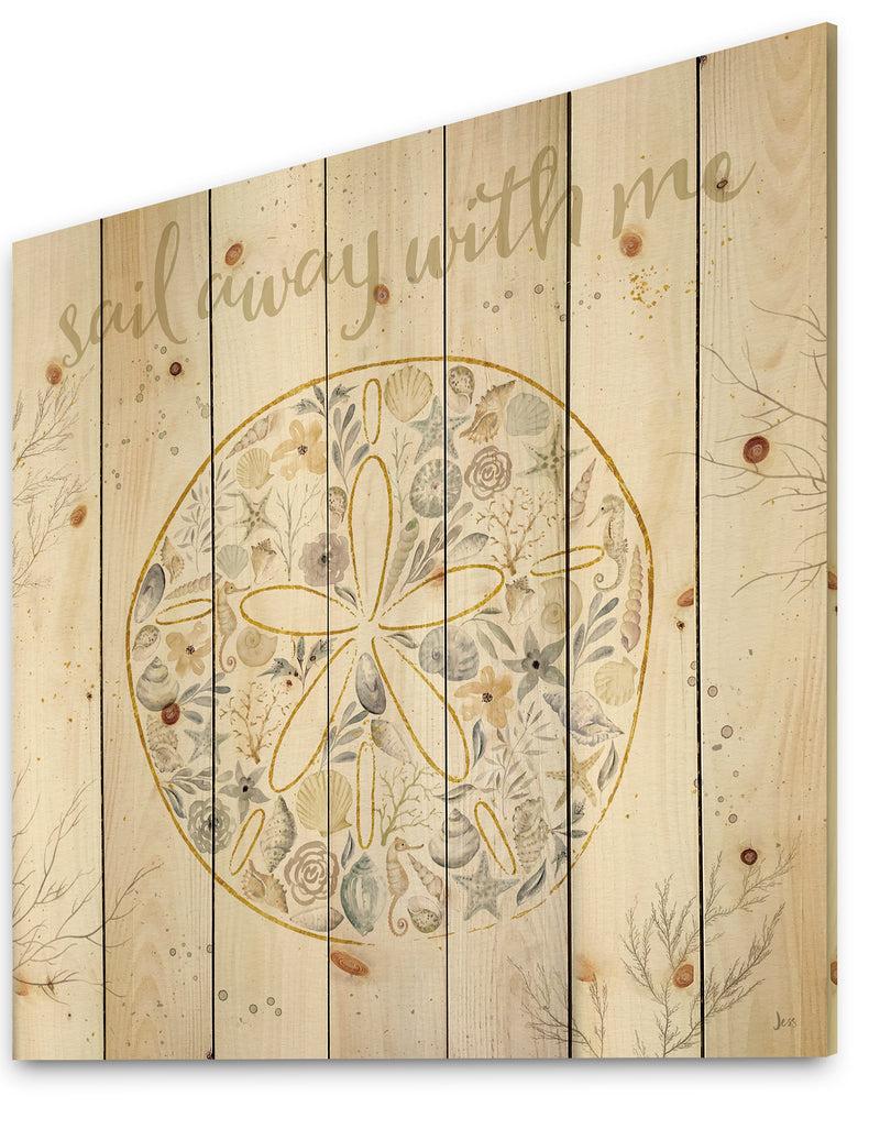 Designq Coastal Floral Blossoms IV Neutral - Nautical & Coastal Print On Natural Pine Wood