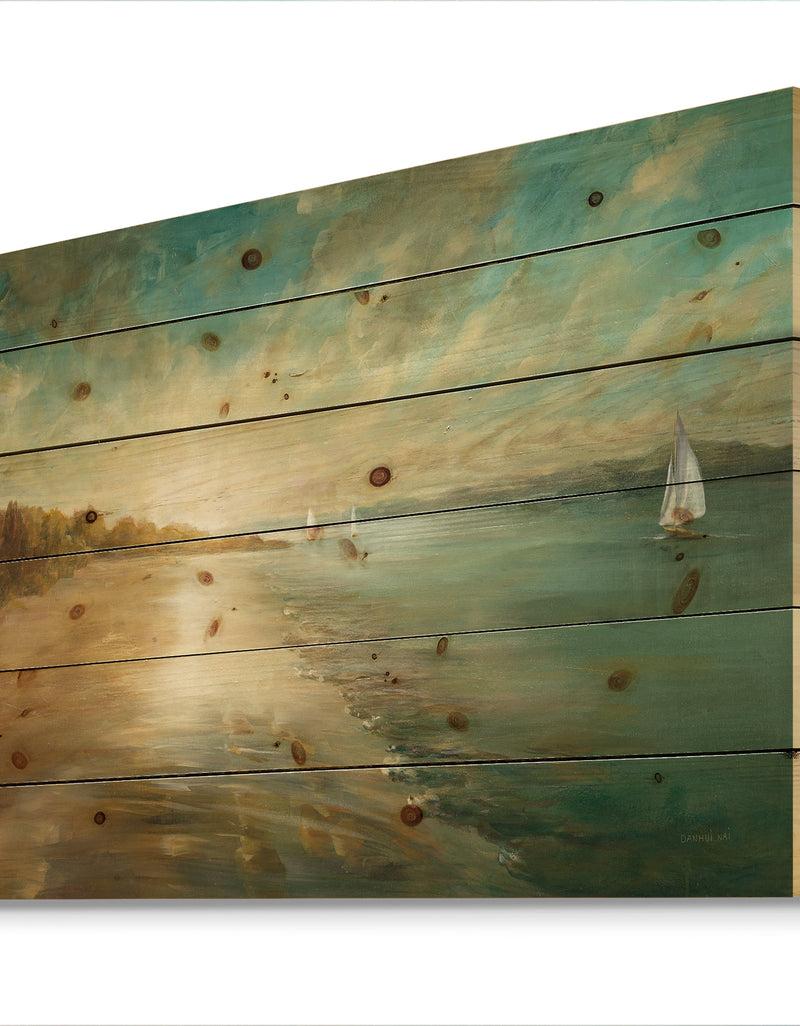 Designq Coastal Pastel Horizon - Nautical & Coastal Print On Natural Pine Wood
